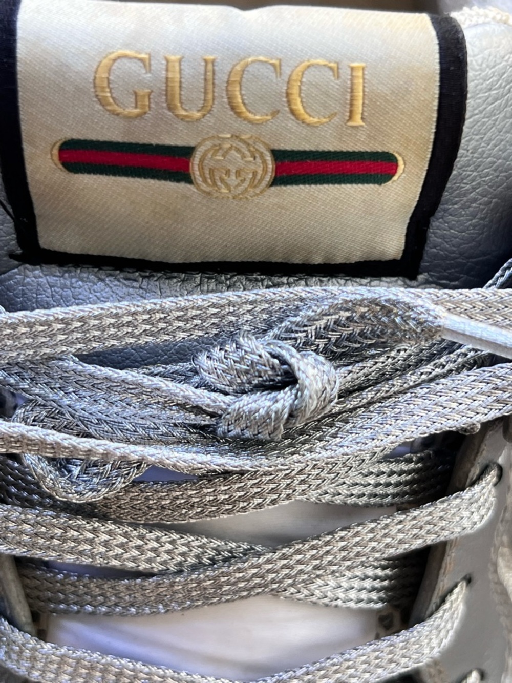 Gucci Silver Glitter & Gray Athletic Sneakers with Gold Accents - Picture 4 of 10